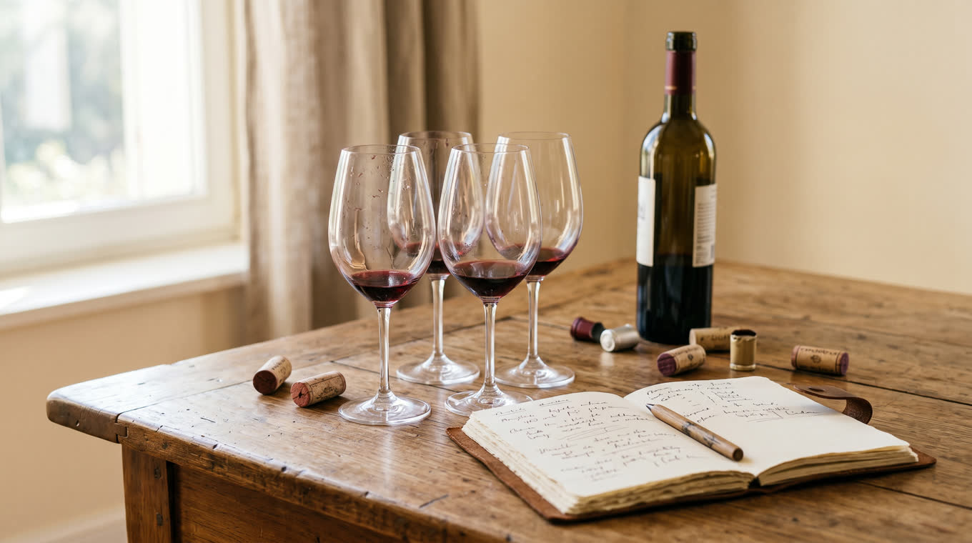 The morning after a tasting: empty glasses, pulled corks, and a notebook in soft window light