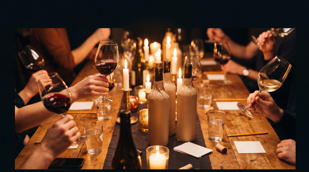 A candlelit blind tasting: raised glasses and paper-wrapped bottles around a long table